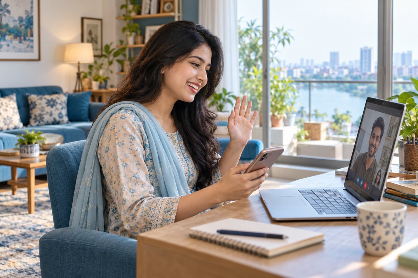 Illustrative image of a woman using a laptop and smartphone for a video call at home.
